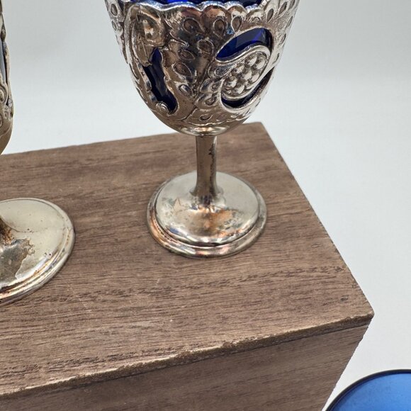 4 VTG American Cut Crystal Cobalt Blue Cordial Glasses Filligree Silverplate - Picture 3 of 9